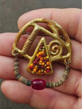 Articulated Abstract Modernist With Heishi Beads & Colorful Stones Brooch
